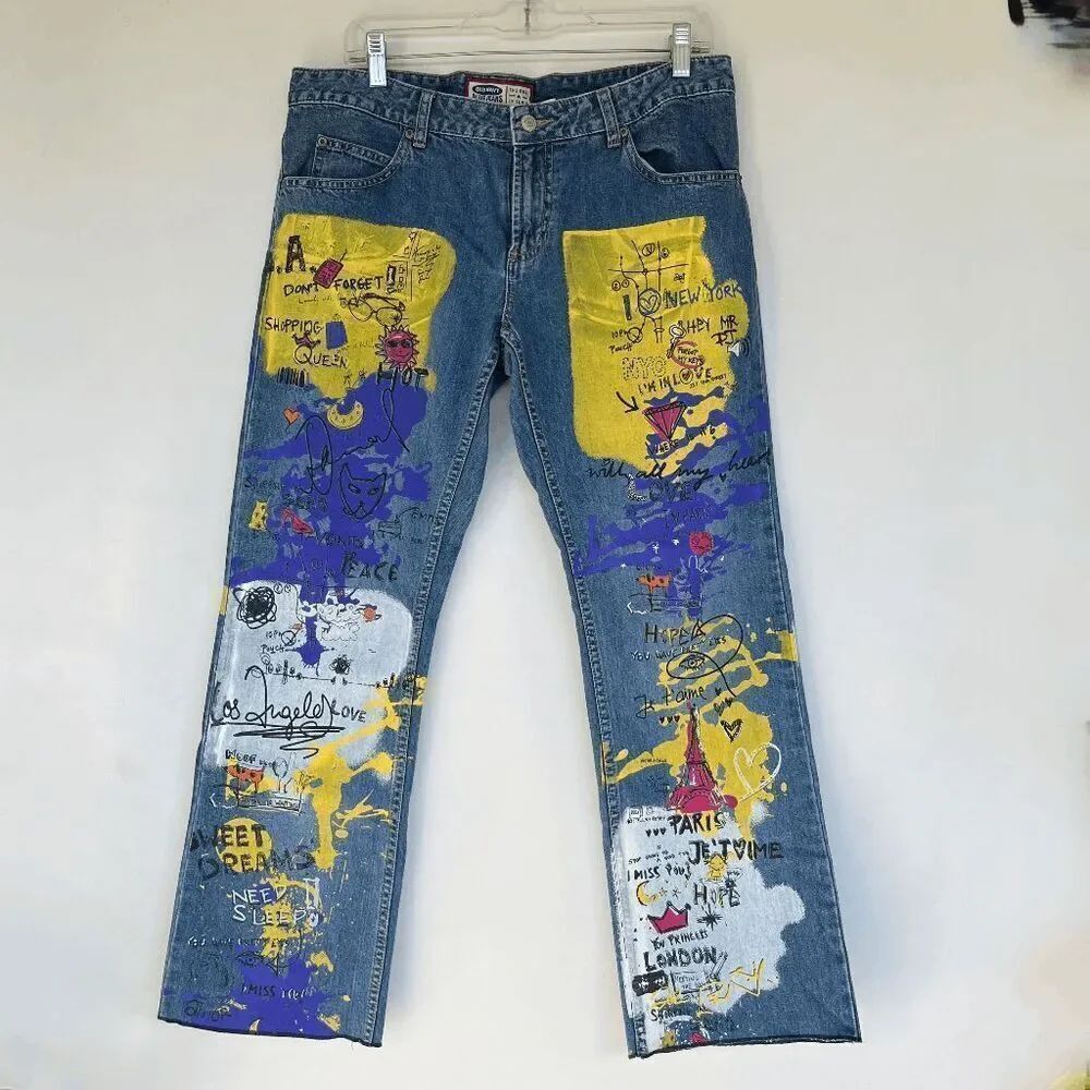 VTG Old Navy Pop Art Jeans Sz 12 – Y2K Graffiti Straight Leg Holiday 2001